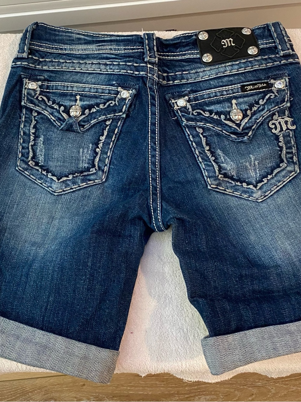Miss Me Dark Blue Embroidered Boyfriend Jeans Shorts